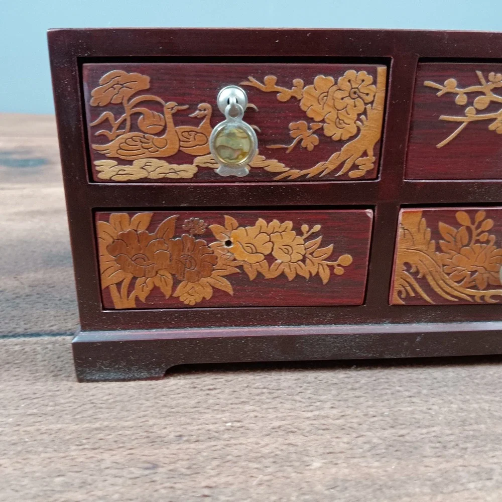 VTG MCM Asian Cherry Wood Carved Birds Abalone Shell Jewelry Box